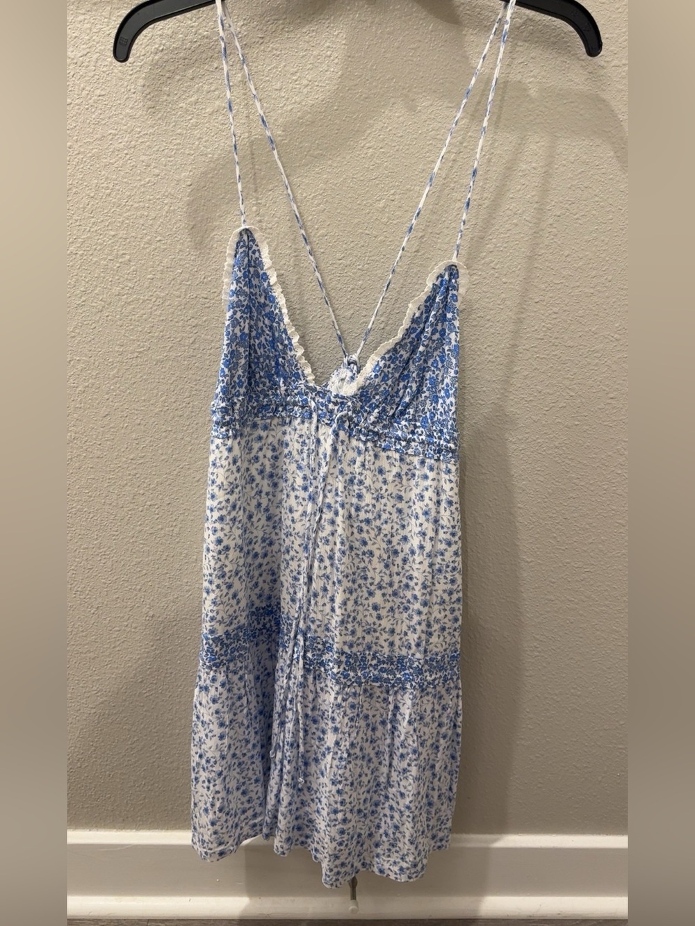 Blue & White Floral Lace-Trim Mini Slip Dress